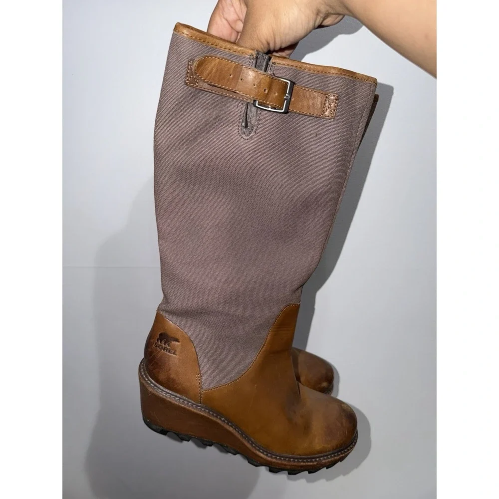 Women's 9.5 Sorel Cool Canvas Boots Brown Leather Knee High Wedge Side Zip Tall